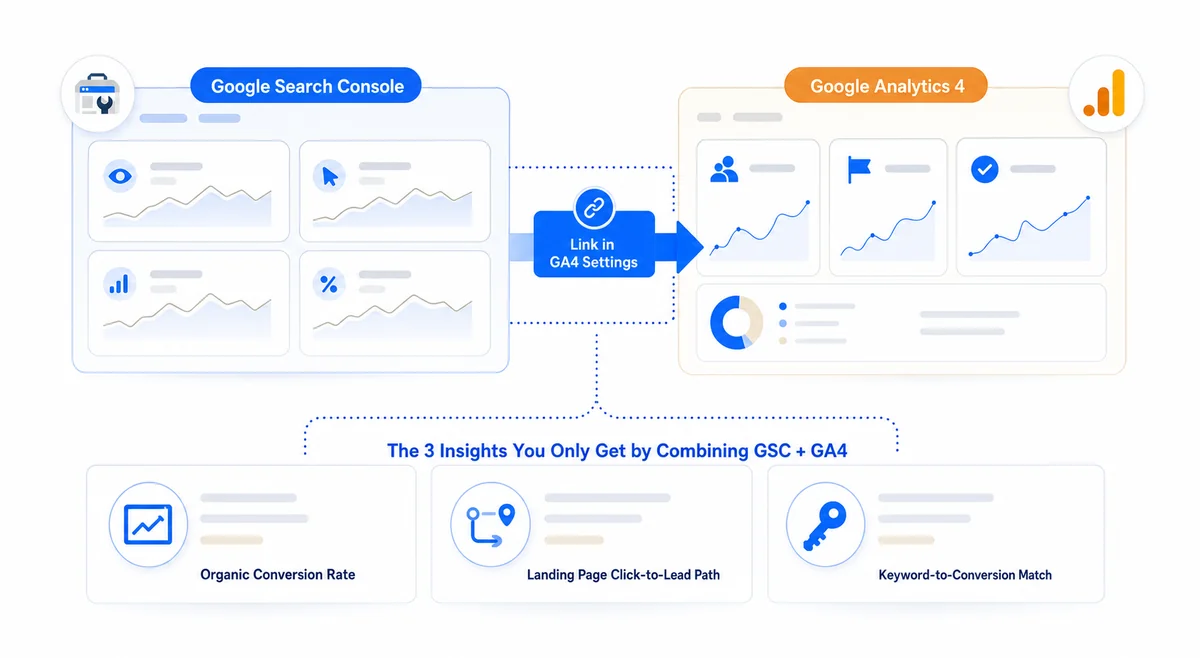 Diagram showing how to connect google search console vs google analytics into one combined SEO reporting dashboard.