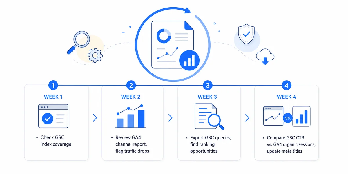 Diagram illustrating a monthly SEO reporting workflow using both google search console vs google analytics together.