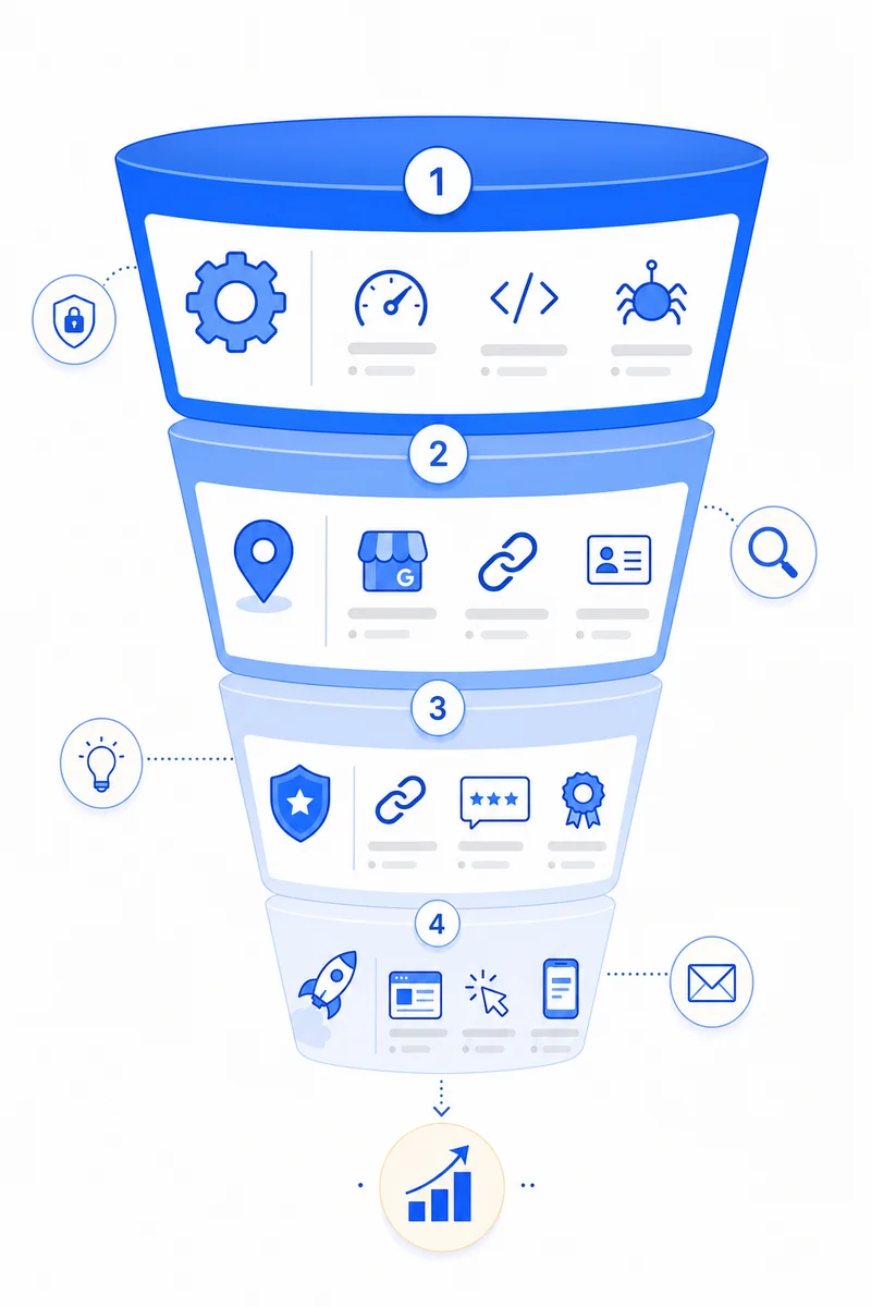 Funnel diagram showing the 4 phases of home services SEO from technical foundation through local signals to conversion.