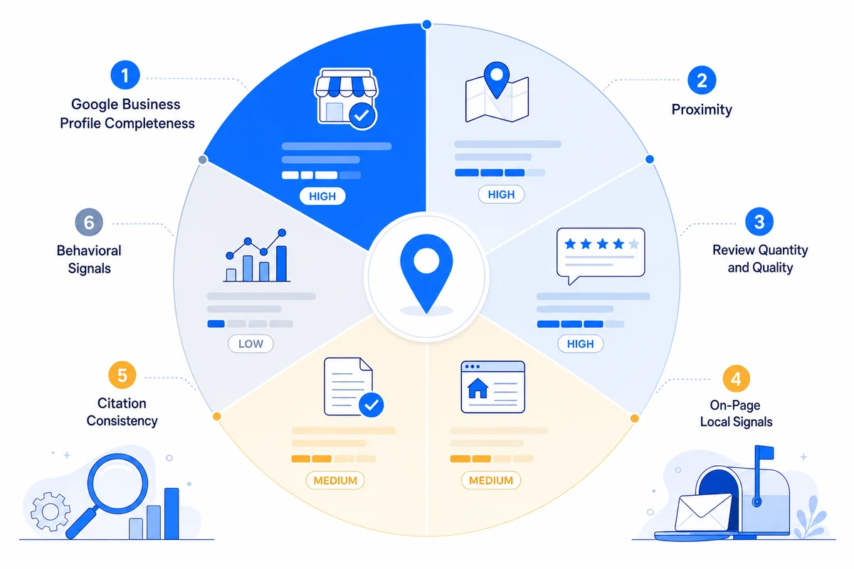 Chart ranking the key local 3-pack ranking factors that determine visibility for home services SEO businesses.