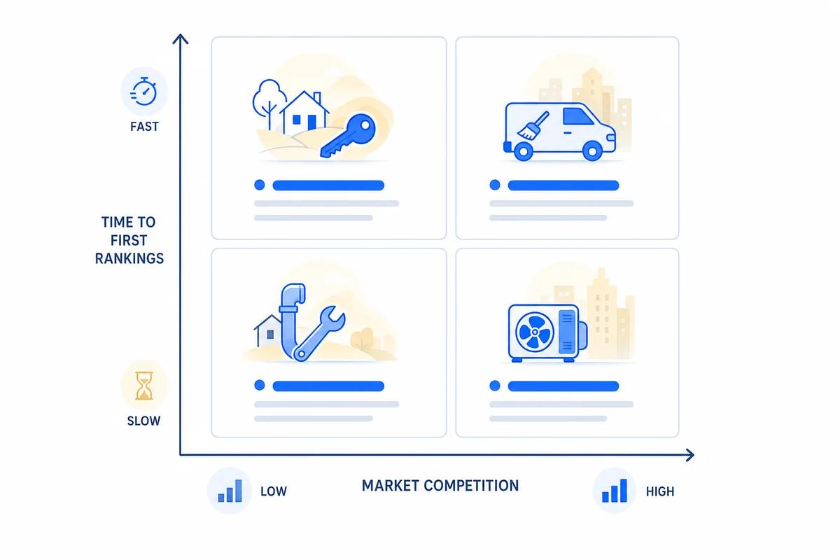 Matrix plotting how long does local seo take against competition level with four contractor archetypes in each quadrant.