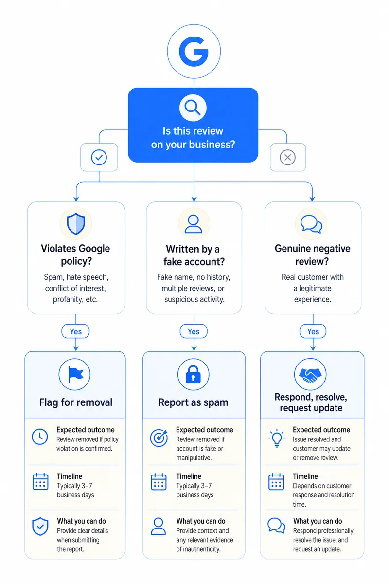 Decision tree helping contractors determine if how to delete negative reviews on google applies to their situation.