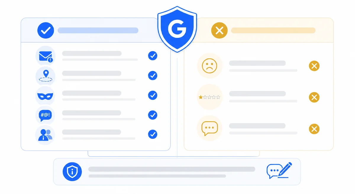 Checklist contrasting review types Google will vs will not remove when learning how to delete negative reviews on google.