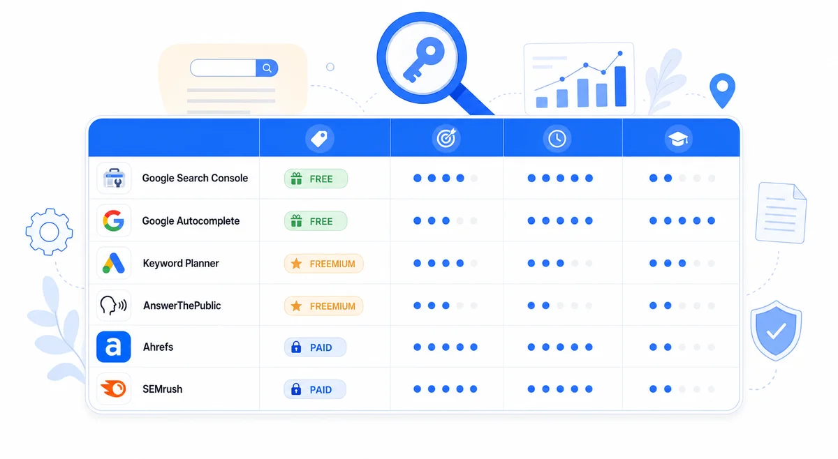Table comparing six free and paid tools for finding long tail keywords for SEO with feature breakdowns.
