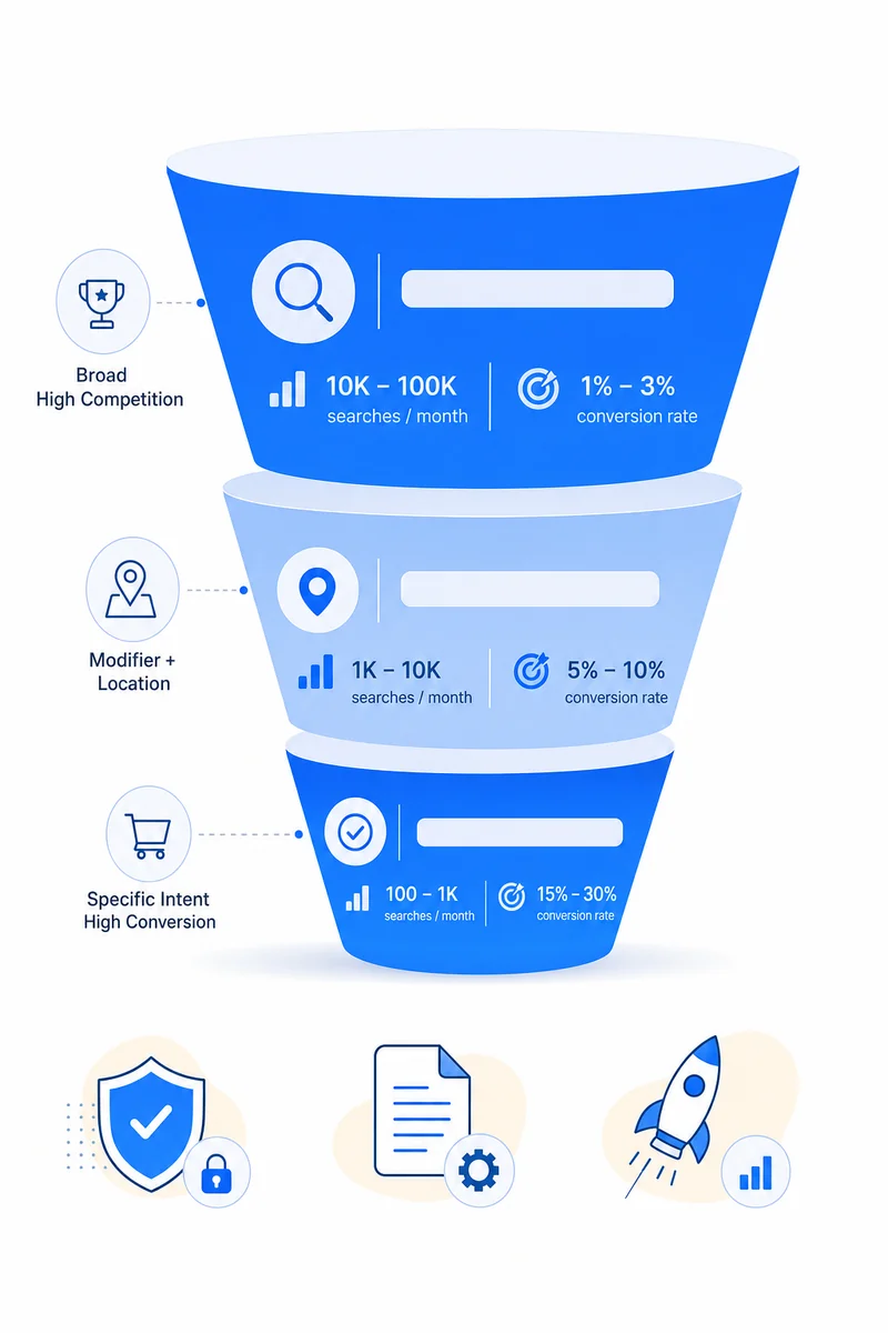 Funnel diagram showing how to find long tail keywords for SEO in home services from broad to specific.