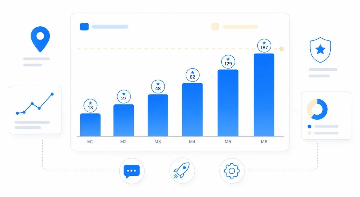 Bar chart tracking Google review growth over six months illustrating how to get more reviews on Google steadily.