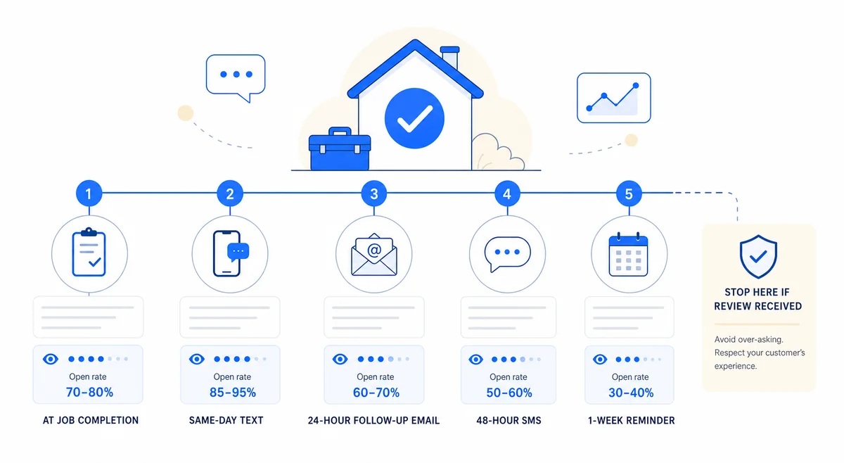 Timeline showing the optimal moments to ask customers how to get more reviews on Google after service completion.