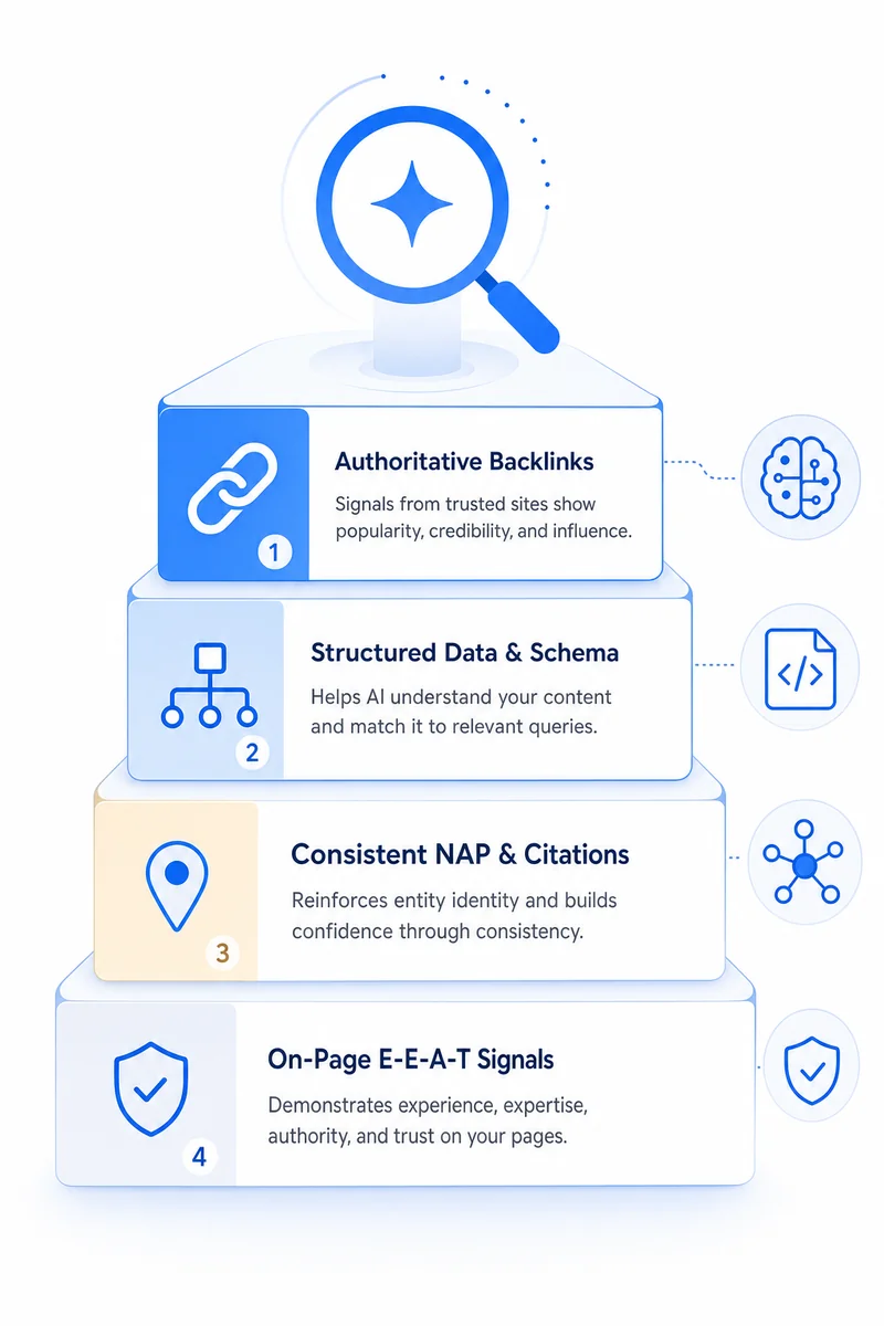Diagram explaining how AI search engines decide what to cite to improve brand visibility in AI search results.