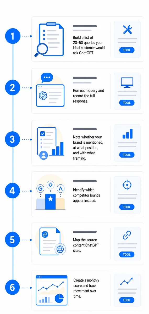Process diagram walking through the step-by-step audit to measure brand visibility in ChatGPT accurately.