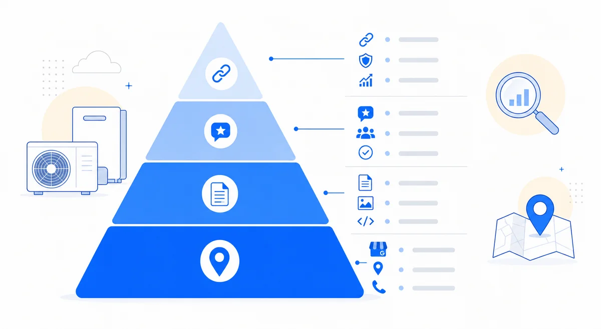 Pyramid ranking the top HVAC company local SEO marketing factors from NAP and GBP at the base to backlinks at the top.