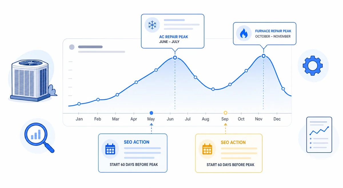 Chart displaying the seasonal HVAC demand curve to guide local SEO marketing efforts throughout the year.