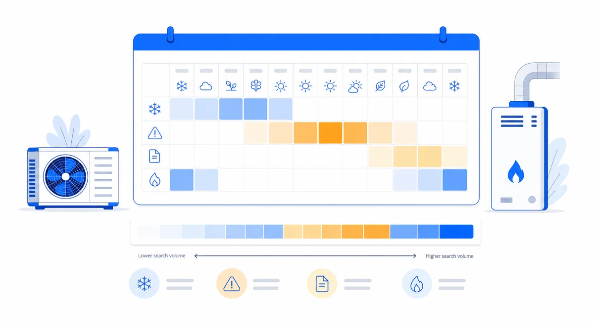 Twelve-month calendar diagram mapping HVAC lead generation tactics and expected search volume intensity by season.