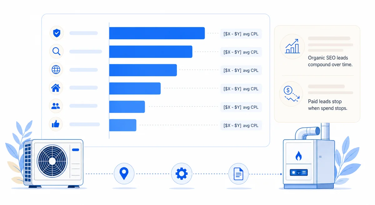 Chart comparing HVAC lead generation sources by cost per lead across multiple paid and organic channels.