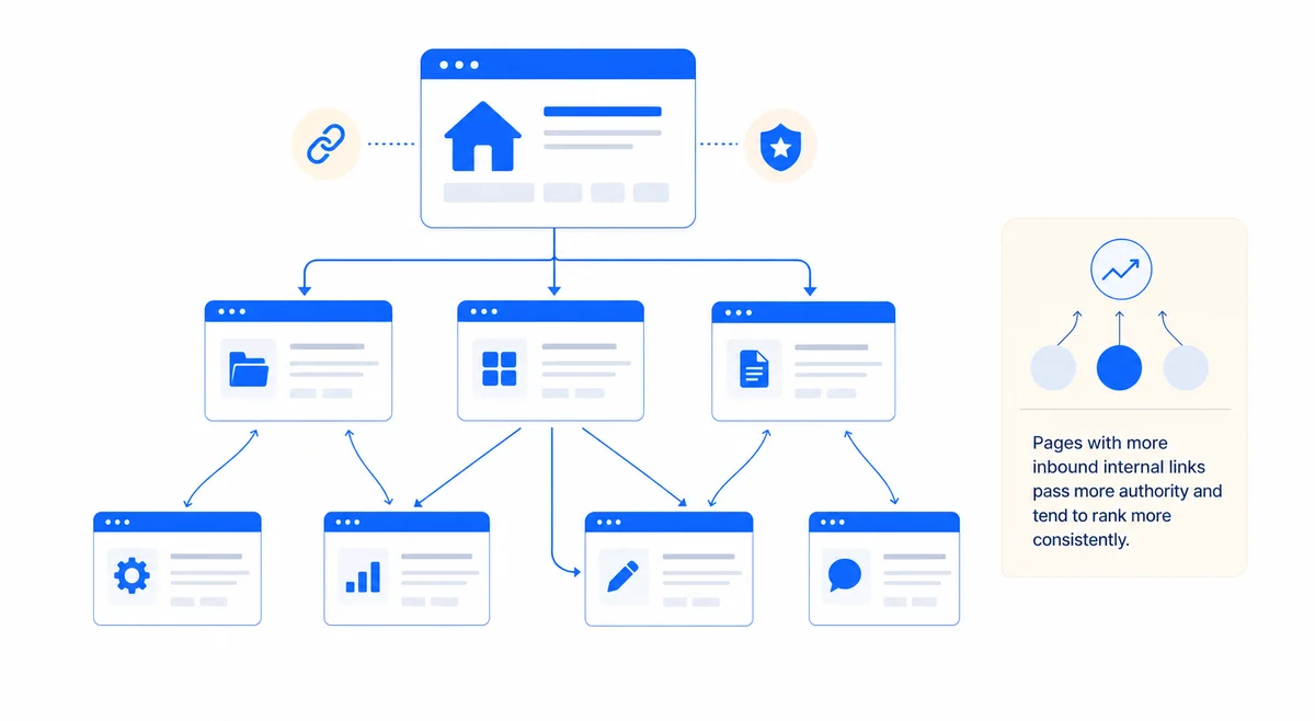 Diagram showing how internal link building tools help visualize the flow of authority between pages on a site.