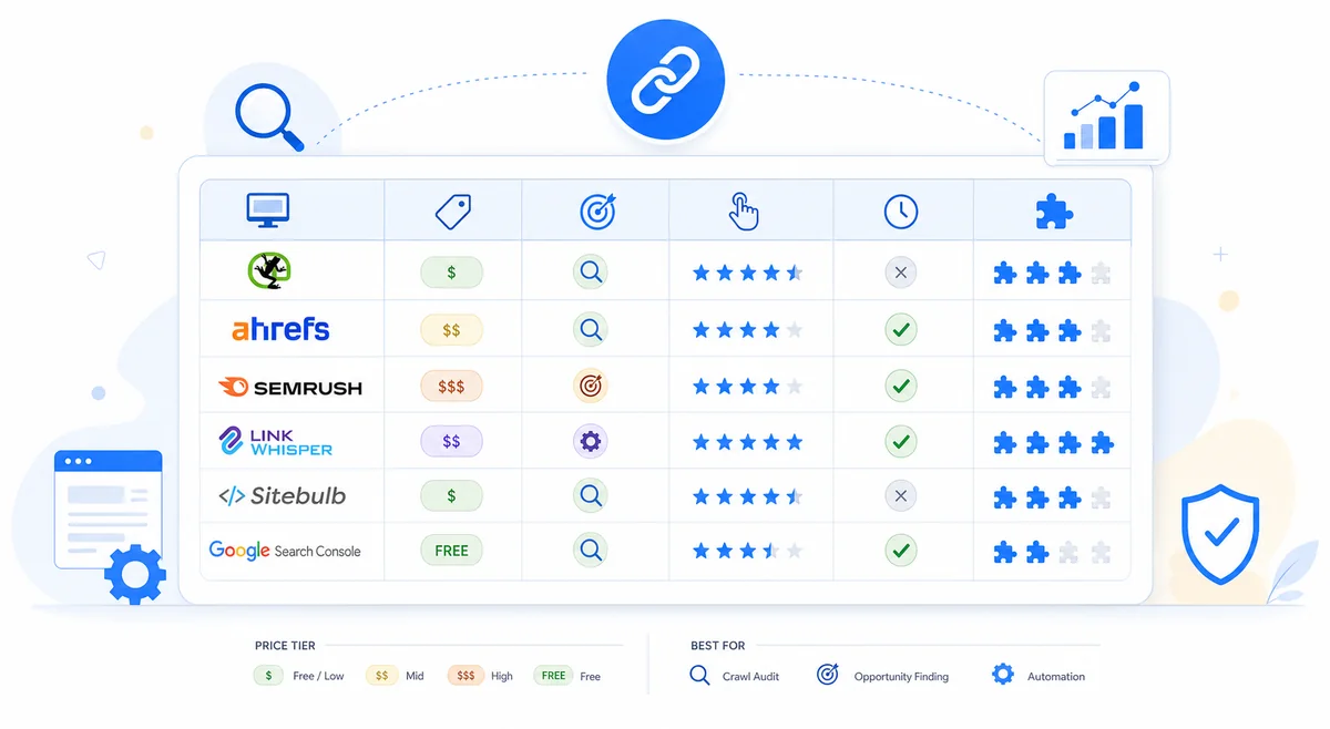 Comparison table rating six popular internal link building tools across price, features, ease of use, and CMS compatibility.