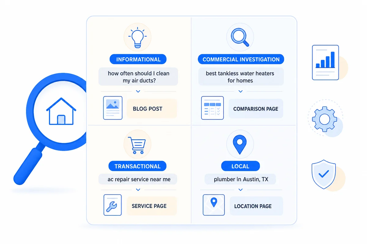 2x2 matrix classifying keyword research for organic SEO by search intent type with home-services examples and recommended content formats.