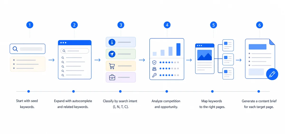 Flowchart mapping keyword research for organic SEO from initial seed keywords through to a structured page map.