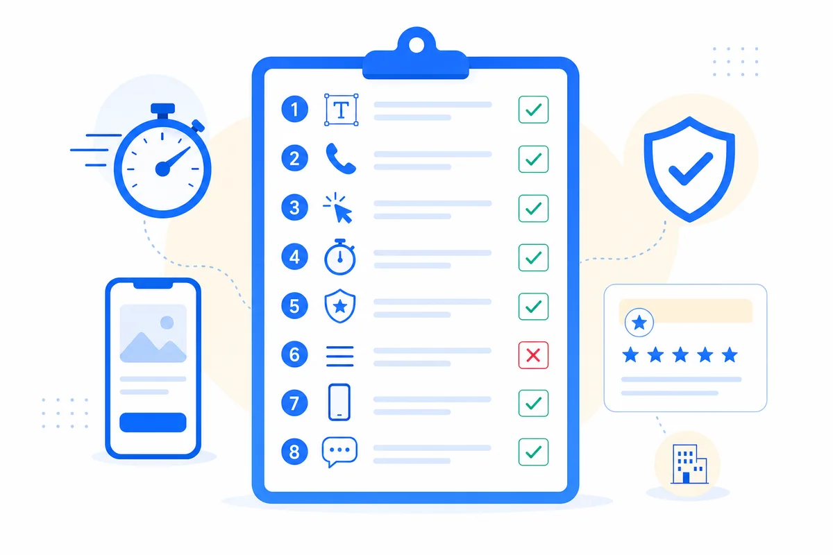 Checklist of 8 above-the-fold elements every landing page must include per landing page best practices 2025, with pass-fail checkboxes.