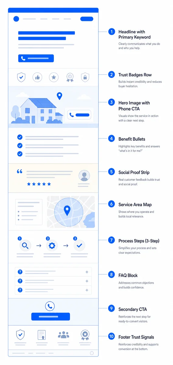 Process diagram illustrating the anatomy of a high-converting service landing page following landing page best practices 2025.