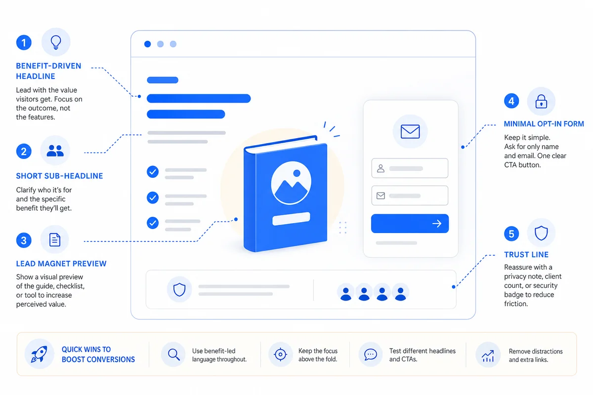 Checklist outlining the essential formula elements for building a high-converting lead magnet landing page.