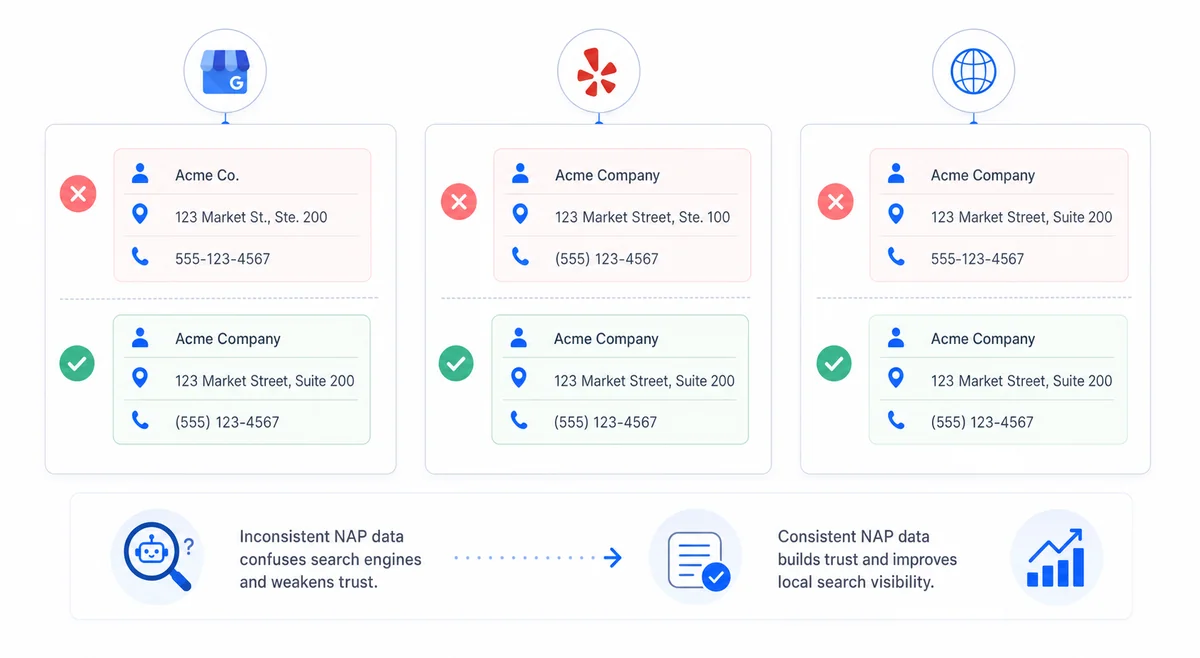 Three-panel diagram comparing NAP consistency across GBP, Yelp, and website footer highlighting errors and correct local citations list entries.