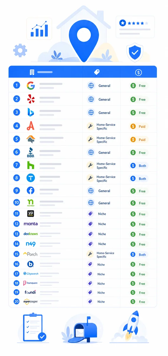 Table listing the top 20 local citation sources for home-service businesses to build a strong local citations list.