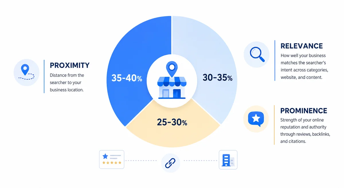 Chart showing weighted breakdown of Google ranking factors that determine local pack rankings for home-service businesses.