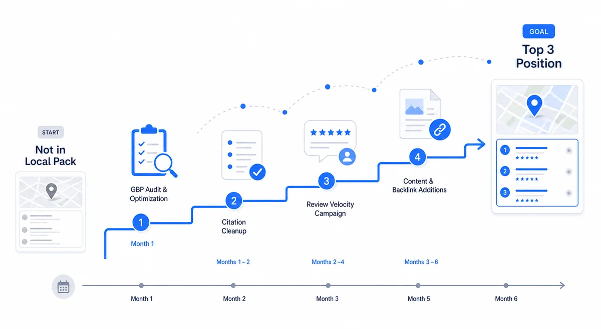 Timeline diagram showing the expected progression of local pack rankings improvement over time for home-service businesses.