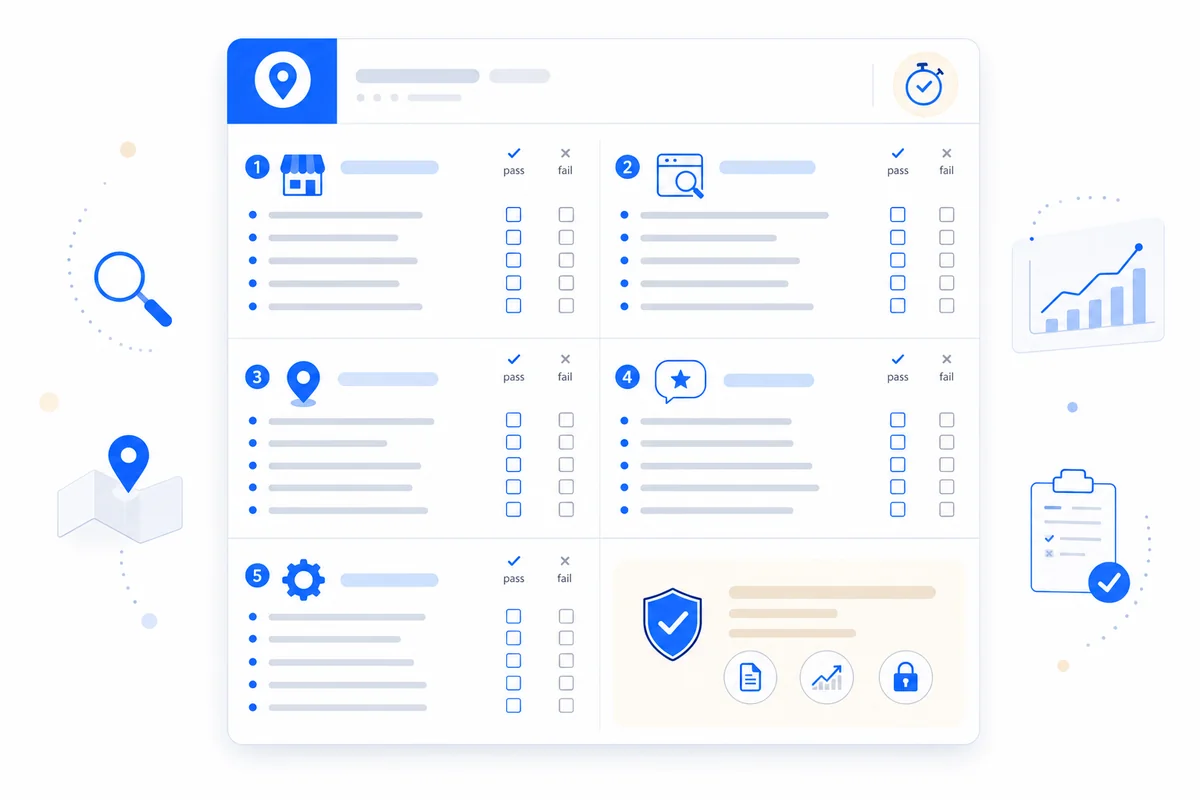 Checklist reference card covering all 50 points of a comprehensive local SEO audit checklist for home-service businesses.