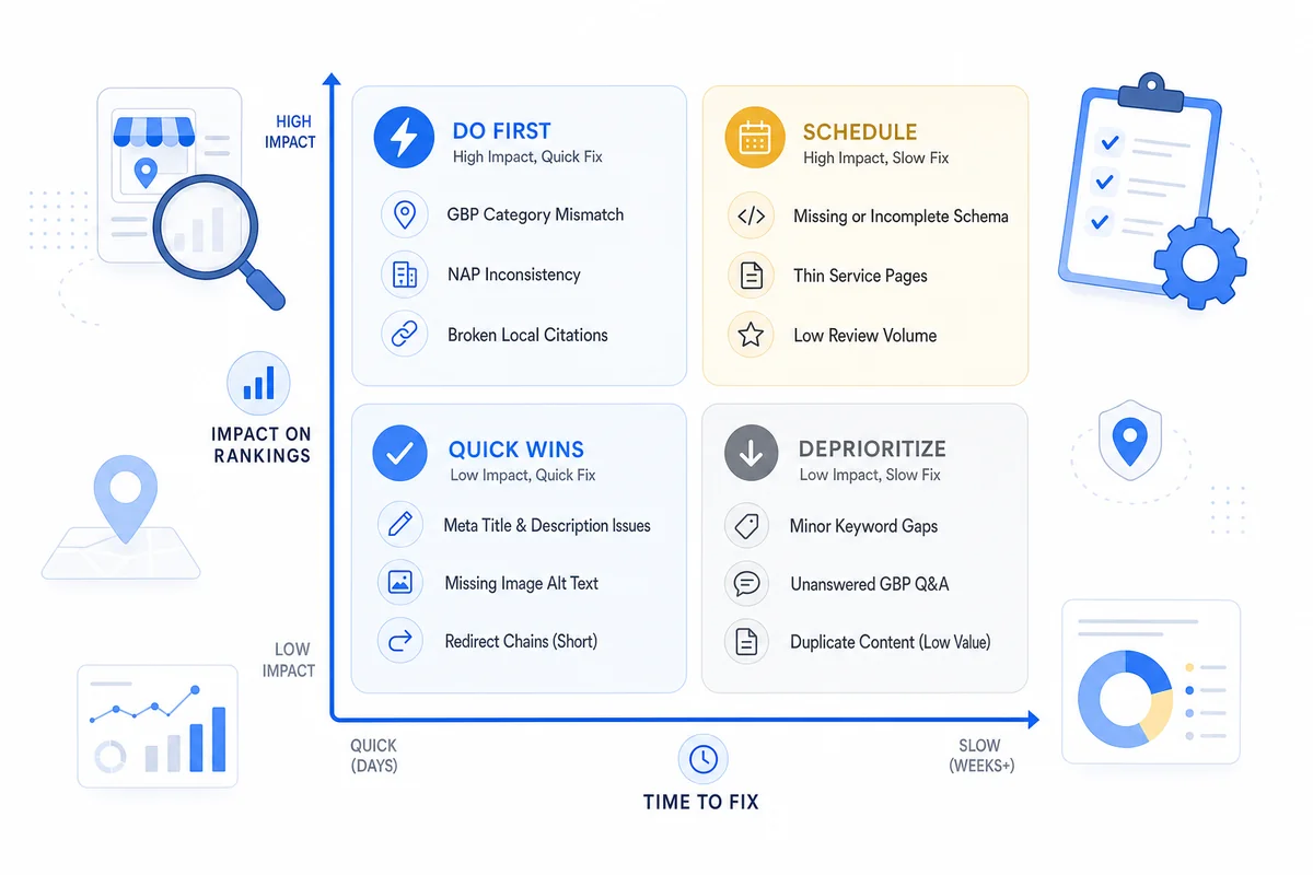 2x2 priority matrix placing 12 local SEO audit checklist findings into quadrants by ranking impact and time to fix.