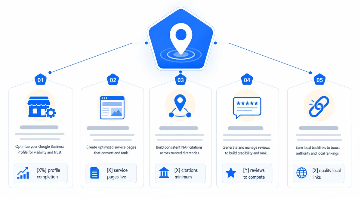 Diagram illustrating the five-pillar framework for local SEO for contractors covering the key ranking disciplines.