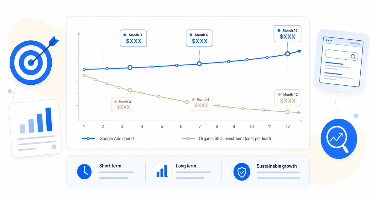 Chart comparing local SEO for contractors against paid ads showing long-term cost differences over time.