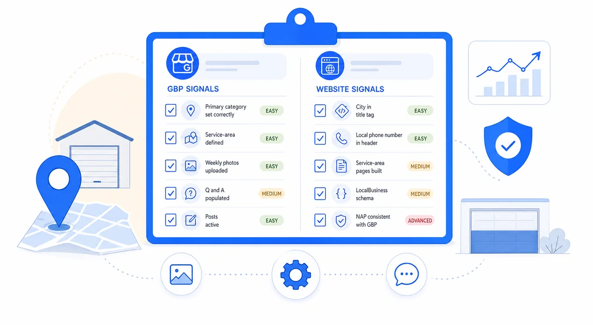 Checklist for local SEO for garage door companies divided into GBP signals and website signals with difficulty ratings.