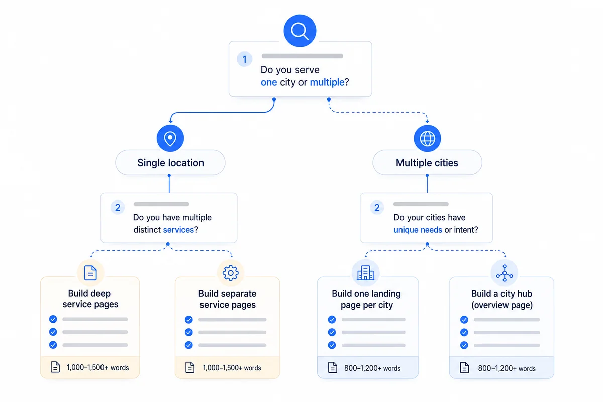 Decision tree guiding local SEO for garage door company owners on whether to build a service-area or city landing page first.
