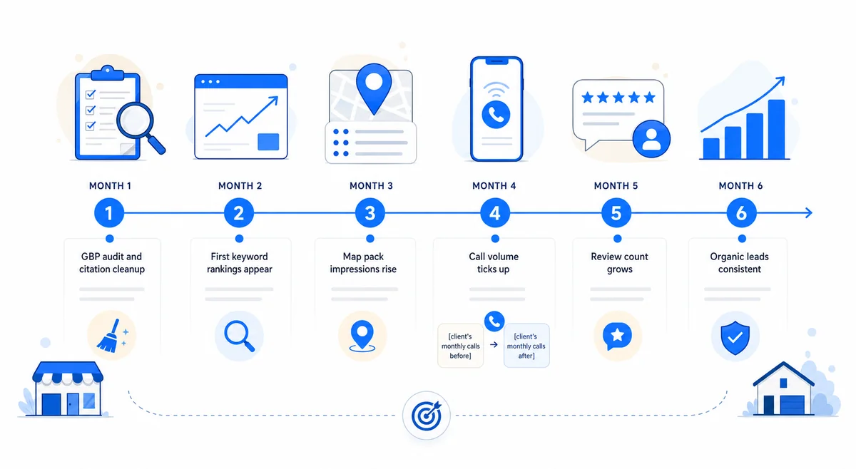 Timeline showing a six-month local SEO journey for a home services business from GBP audit to consistent organic leads.