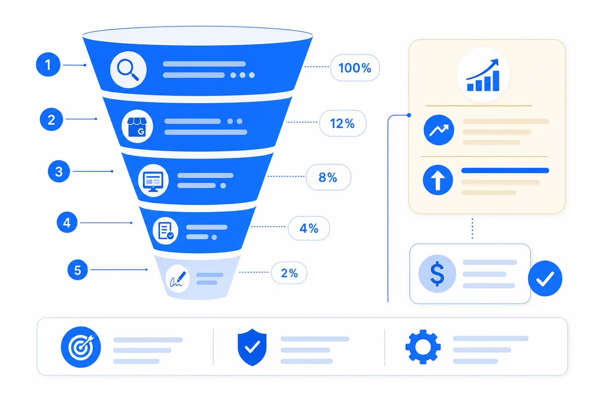 Funnel diagram illustrating the local SEO marketing flow for remodeling contractors from search impression to signed job.