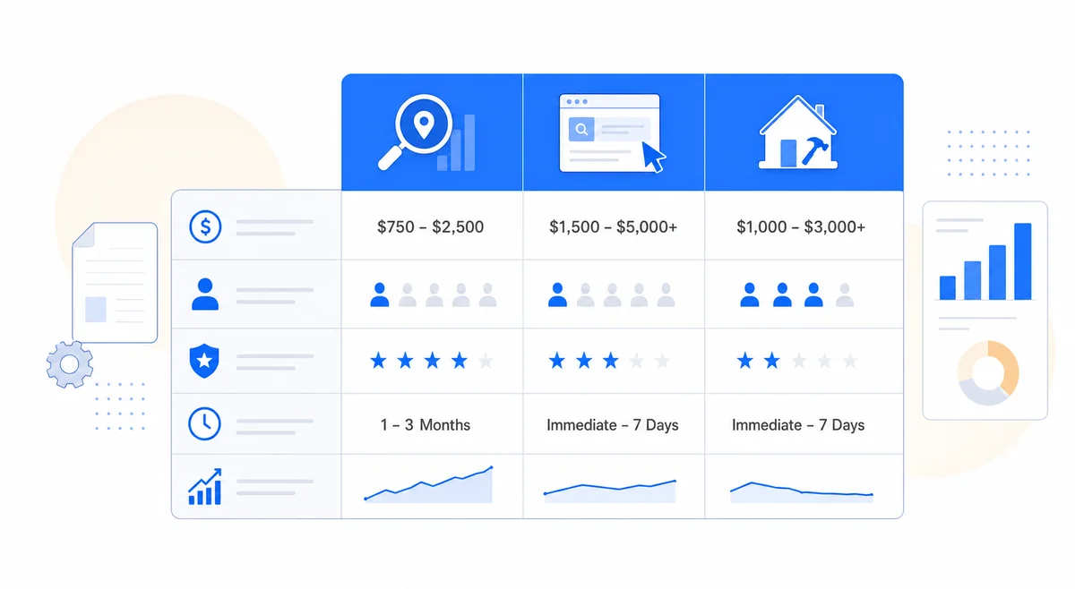 Table comparing local SEO marketing for remodeling contractors against paid lead services across cost and lead quality metrics.