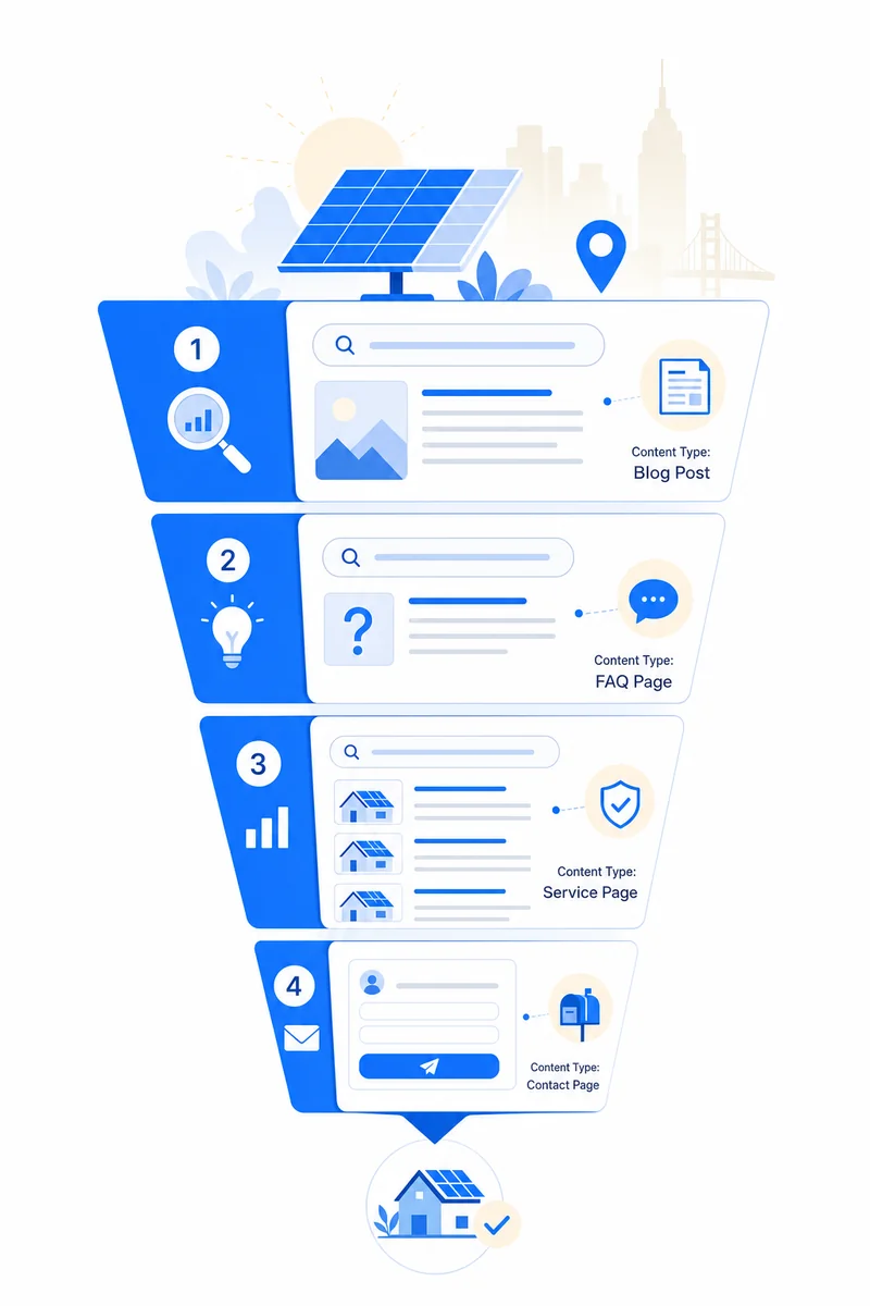 Funnel diagram showing local SEO services and solar marketing strategies for a New York solar company acquiring leads.