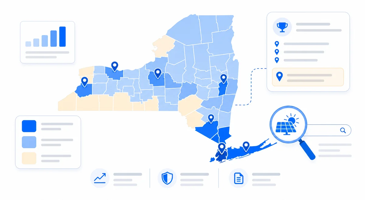 Diagram of a county-level New York map showing solar search demand intensity for local SEO solar marketing strategies by region.