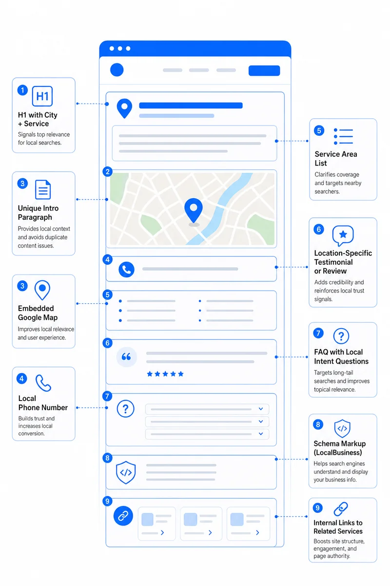 Checklist diagram outlining the must-have elements every location page SEO strategy requires for local search visibility.