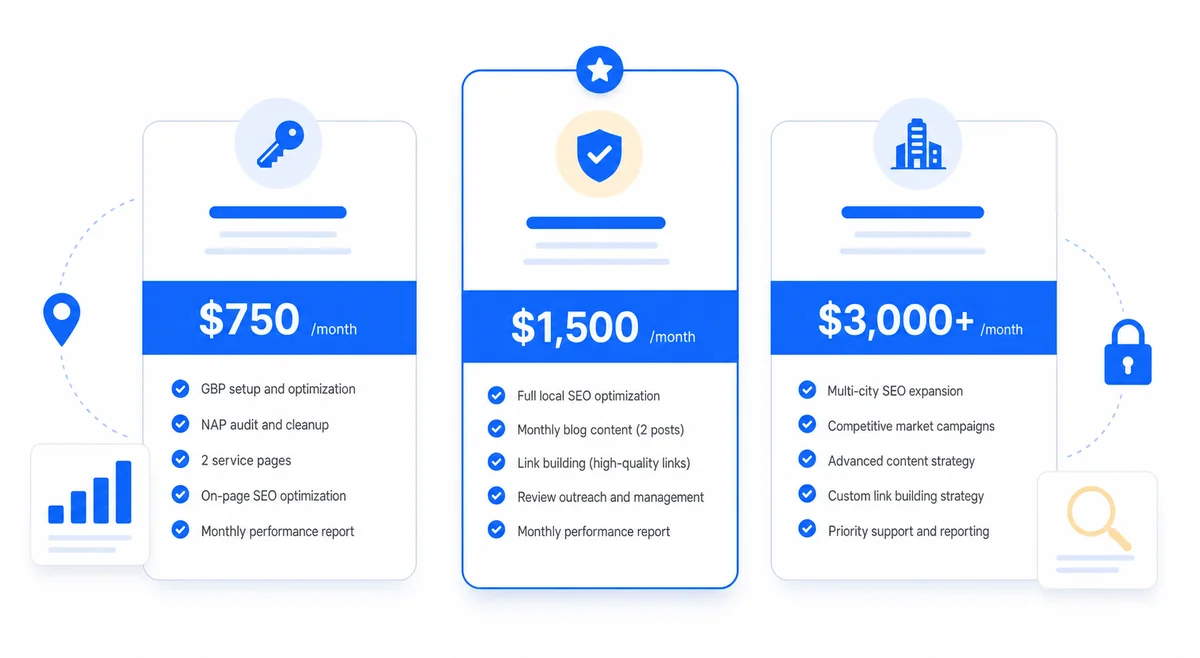 Diagram displaying HouseCall SEO agency packages for locksmith businesses across Starter, Pro, and Custom pricing tiers.