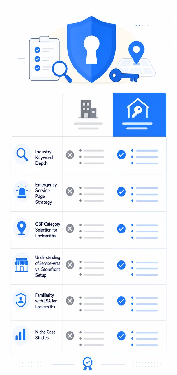 Table showing what separates a specialist locksmith SEO agency from a general digital marketing agency.