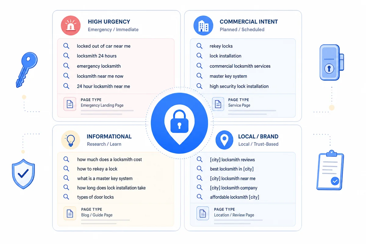Four-quadrant diagram mapping locksmith SEO keywords by search intent and urgency across emergency, commercial, informational, and local categories.