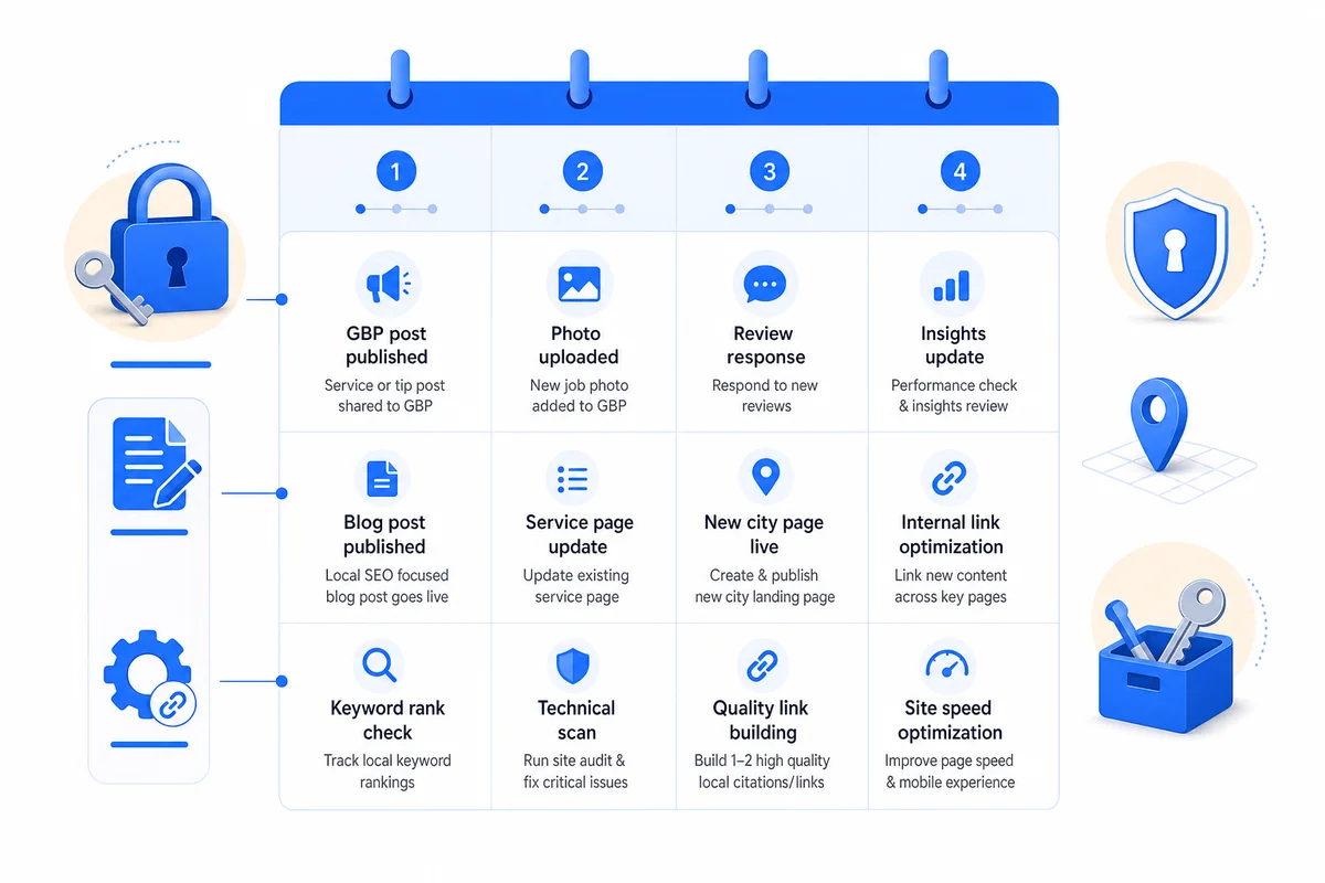 Diagram outlining all locksmith SEO services included each month covering on-page, GBP, content, and link building tasks.
