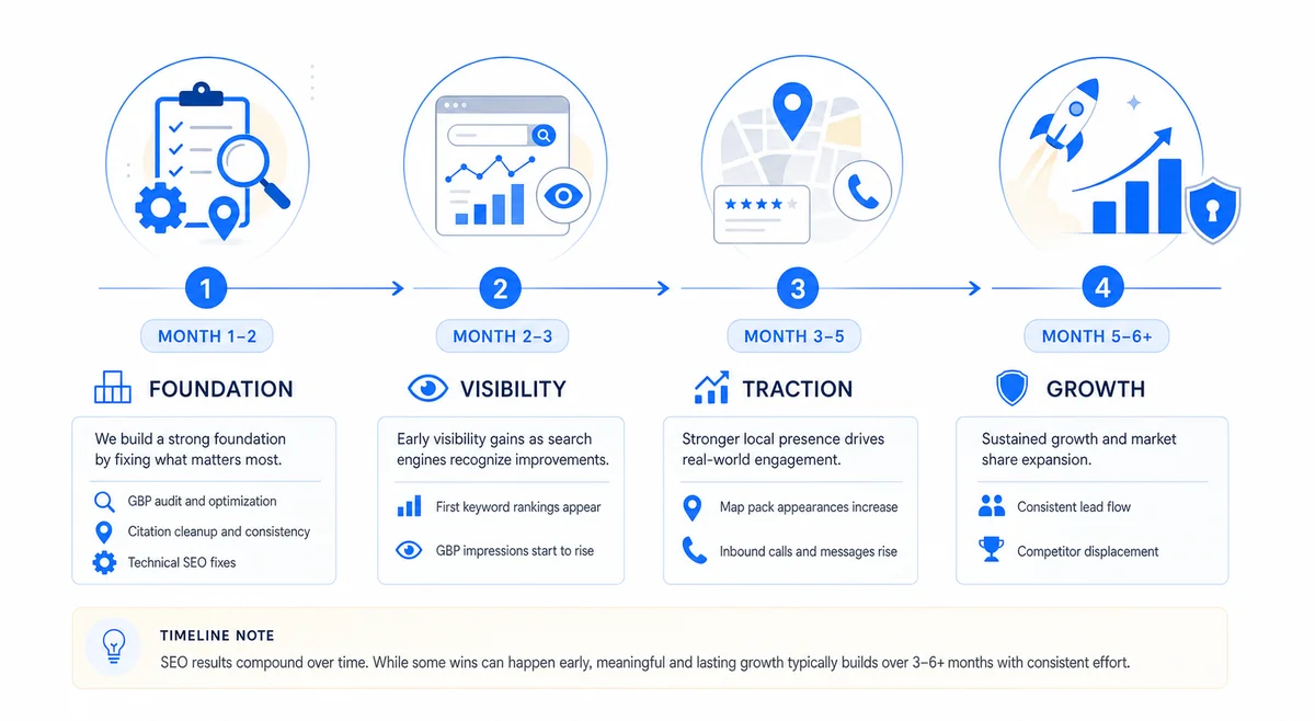 Timeline showing when locksmith SEO services typically deliver results from initial setup through lead growth milestones.