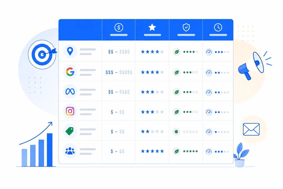 Comparison table evaluating multiple med spa lead generation channels side by side across key performance metrics.