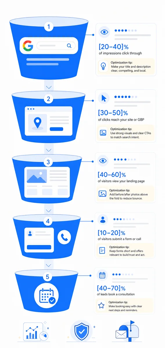 Funnel diagram showing five stages of med spa lead generation from Google search impression down to booked consultation appointment.