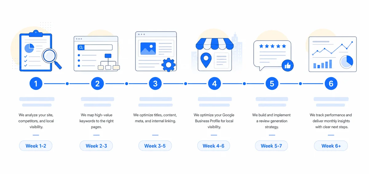 Horizontal timeline showing a med spa SEO agency engagement across six steps from audit through monthly reporting with week ranges.