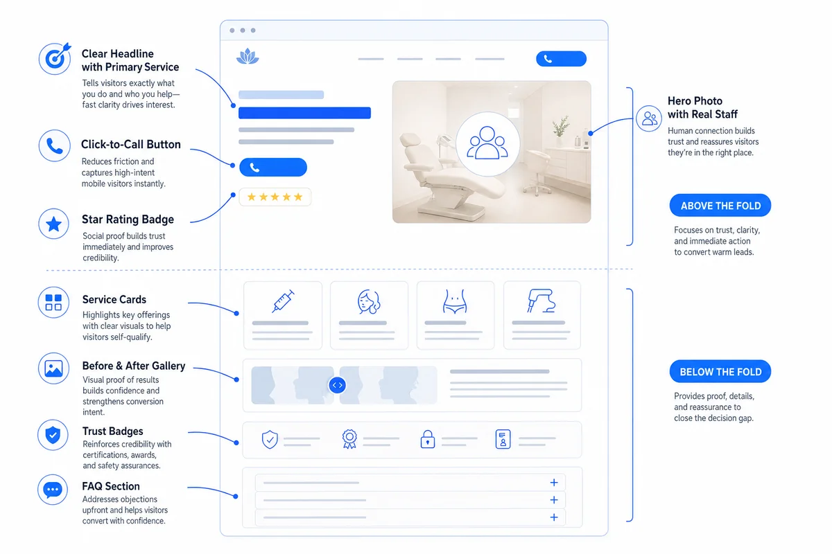 Annotated wireframe showing above-the-fold and below-the-fold elements of a high-converting med spa website homepage design.