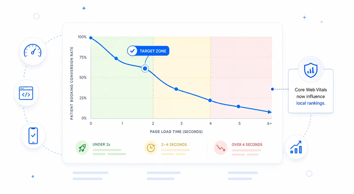 Chart showing the relationship between med spa website design page speed performance and patient booking rate outcomes.